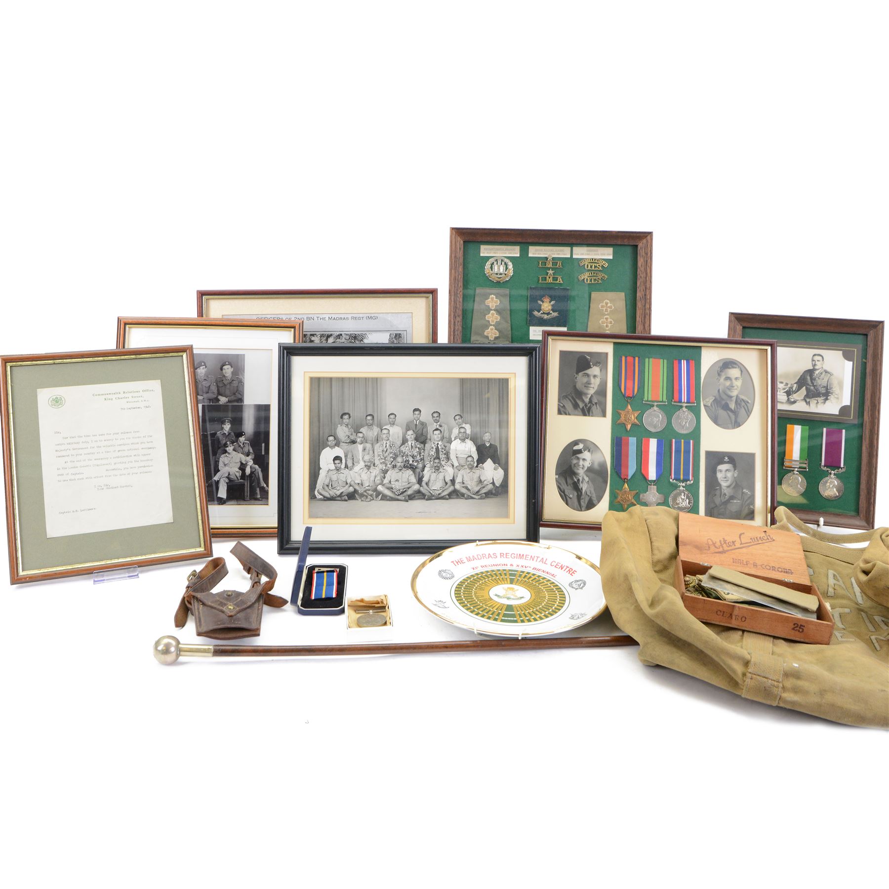 Military medals awarded to two generations of the Lattimore family, Boer War trio; Queen South Africa medal with clasps for Johannesburg, Orange Free State and Cape Colony, Kings South Africa medal with clasps for South Africa 1902 and South Africa 1901 and  Army Meritorious Service Medal, G.V.R, awarded to Frederick John Barcham Lattimore Norfolk Regiment and set of six medals; Burma Star, Defence Medal, War Medal, 1939-45 Star, General Service Cross and National Service Medal, awarded to Captain Albert Edward Lattimore 2nd para Battalion the 3rd Madras Regiment, Indian Army, together with insignias other items relating to Madras Regiment, photographs and ephemera  
