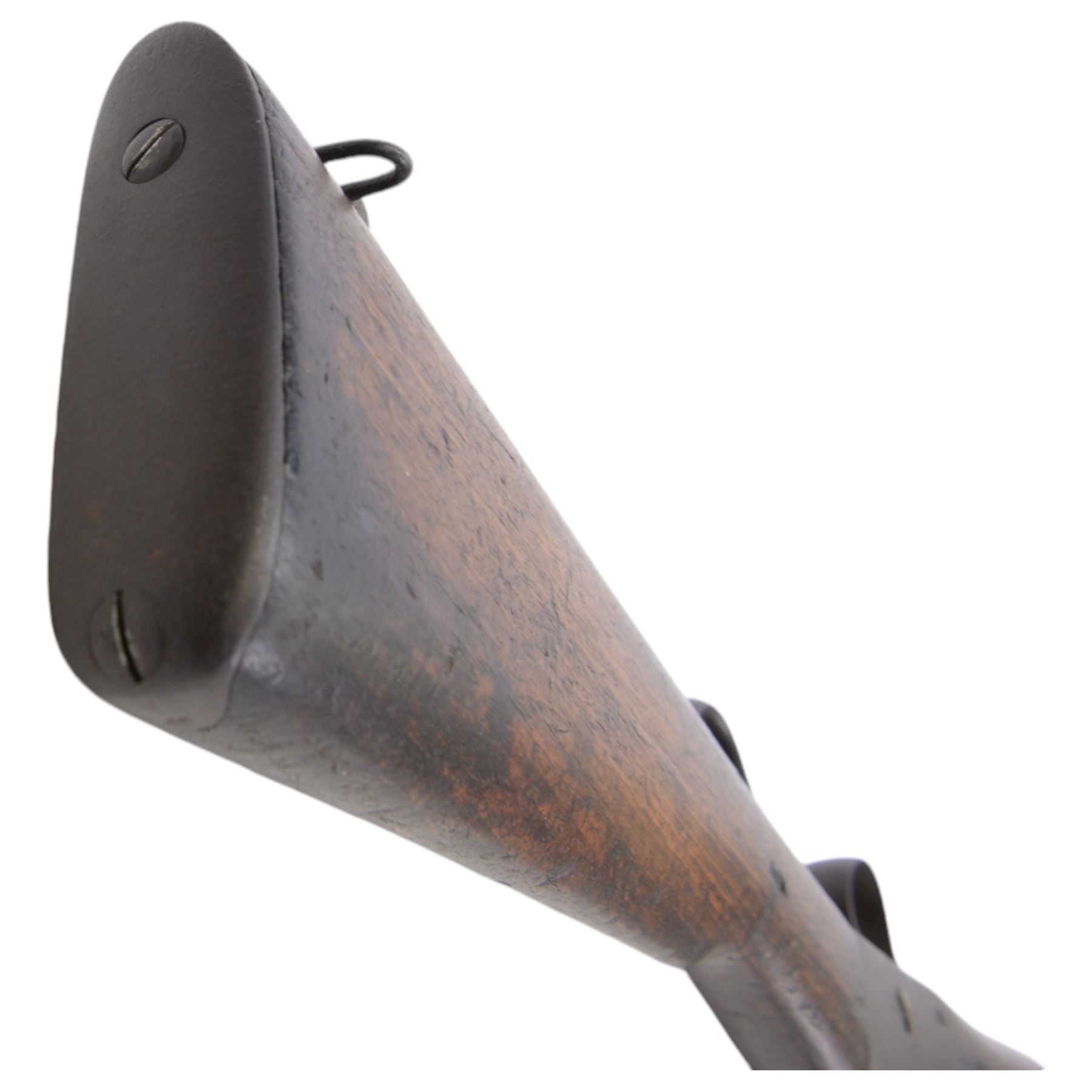 Martini-Henry MKII/2 Carbine, the 52cm round barrel with various inspectors marks,   fitted with ladder sight, with various inspector's marks, the action marked Enfield, the walnut full stock with two steel barrel bands, the butt inset with brass roundel stamped' 12 1893 V 1 GR. A 6', and with Sold Out of Service arrows to the butt, action and barrel, steel cleaning rod beneath, overall 96cm
Sold as an exempt item under Section 58 (2) of the 1968 Firearms Act, to be held as a curiosity or ornament


