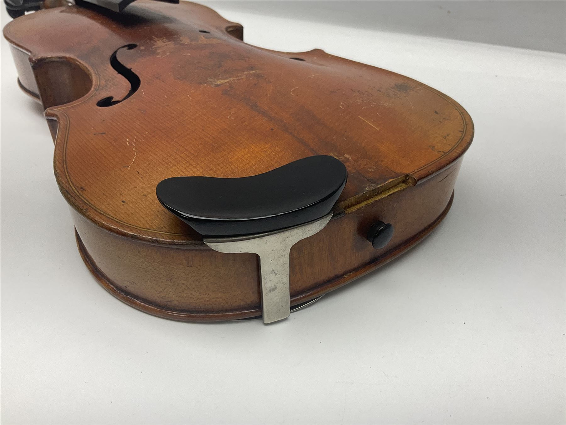 German violin c1900 for re-assembly with 36cm two-piece maple back and ribs and spruce top; L59cm; in ebonised wooden 'coffin' case with two bows