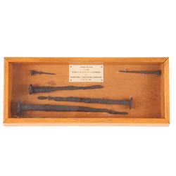 Set of Roman iron nails framed, from Roman Legionary fortress at Inchtuthil Perthshire, Sc...