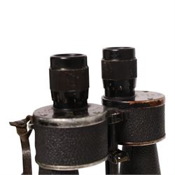 WWII German Pair of  7x50 Binoculars, stamped to the back plate '7x50 beh (T) 380587 KF' and stamped to the other side with the Kriegsmarine mark and 32739 N, wiht later leather case, H22cm