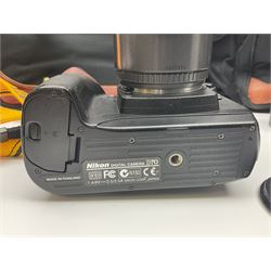 Four camera bodies, to include, Ricoh KR-10 serial no. 38826, Pentax MZ-M serial no. 4185969 with 'SMC Pentax- M 1:3.5 28mm' lens, Canon EOS500 serial no. 080927, with 'Sigma Zoom 100-300mm 1:4.5-6.7 DL'  lens etc, with other camera lenses and equipment 