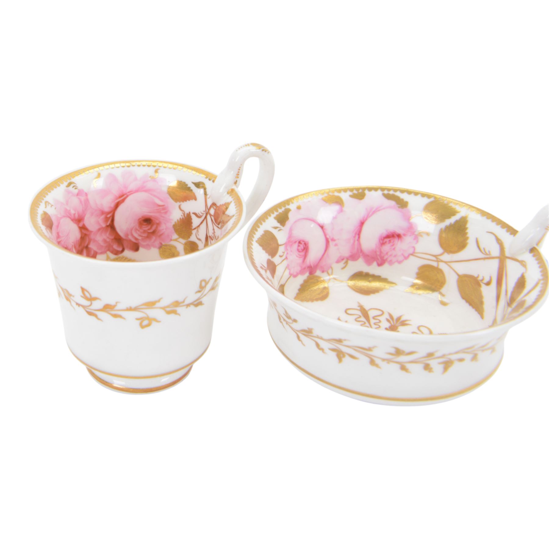 Minton trio, coffee cup, teacup and saucer, circa 1824, moulded ribbed detail, distinctive 'N' handle, painted in pattern no 139, with floral sprays and lilac blue band, coffee cup including handle H8cm, saucer D14cm, together with a Spode trio, coffee cup, teacup and saucer, circa 1830, decorated in the 3886 pattern, painted with pink cabbage roses and heightened with gilt, coffee cup including handle H8cm, saucer D15cm