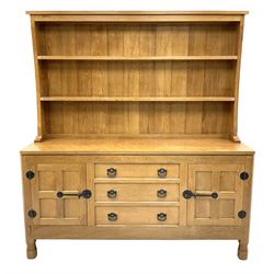 'Lizardman' oak dresser, raised two heights plate rack over adzed top, three central drawers and two panelled cupboards, by Derek Slater of Crayke, W151cm, H166cm, D43cm