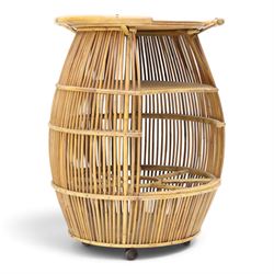 Italian mid-20th century barrel-shaped bar cart in rattan and bamboo, the circular top with rattan and bamboo handle, above a rattan shelf with bamboo bottle dividers below, raised on castors