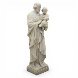 Carved stone and alabaster figure group of Saint Joseph and the Christ Child, modelled standing holding the infant, draped in flowing robes, raised on square plinth base