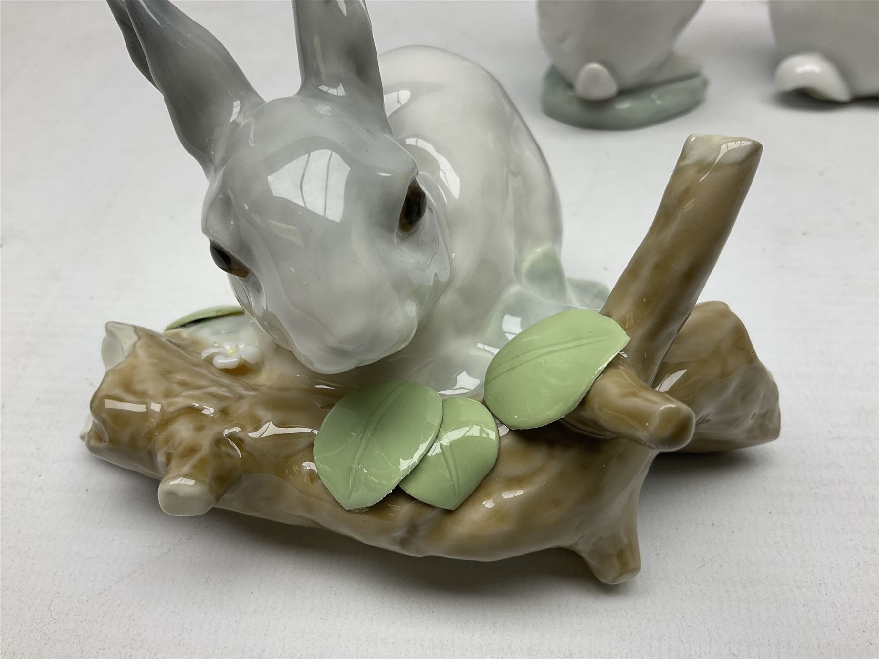 Six Lladro figures, comprising A Friend for Life no 7685, Rabbit Eating no 4773, Sitting Bunny no 5907, Washing up no 5887, Surprised cat no 5114 and Scar-dy Cat no 5092, all with original boxes, largest example H15cm 