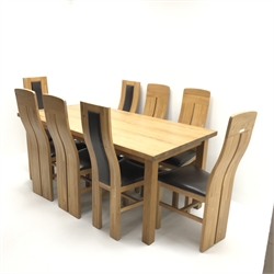 Rectangular oak dining table, square supports (W181cm, H75cm, D91cm) and set eight dining chairs, leather upholstered back and seat (W46cm)
