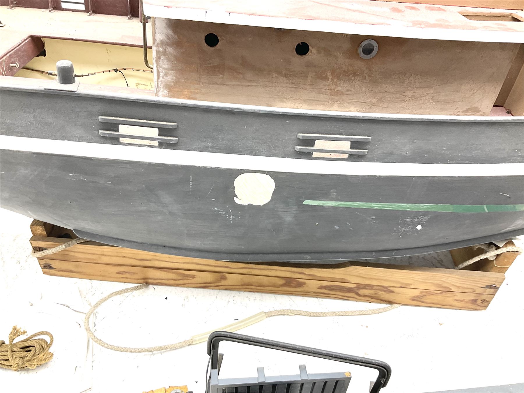 Large model of the tugboat 'Dhulia' on a wooden stand L144cm, together with a box of additional parts and plans