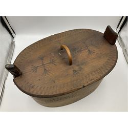 19th century Scandinavian Svepask / Tine box, the pine oval form body with notched posts and conforming lid decorated with Folk Art style pokerwork decoration and single carry handle, L38cm