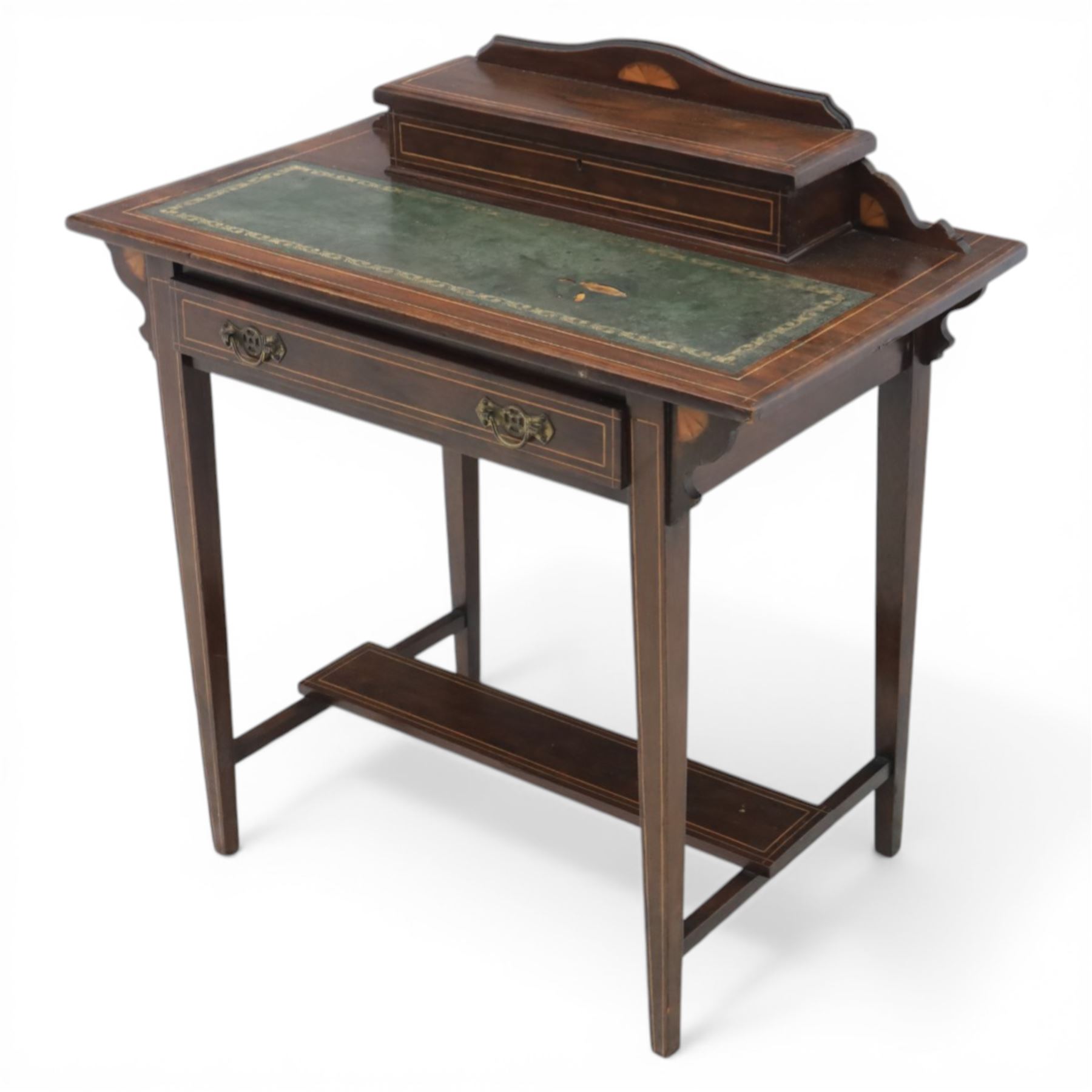 Edwardian inlaid rosewood writing desk, with raised back for an ink well, tooled green leather inset top, above a single drawer, raised on tapering square supports united by an undertier
