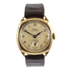 Rone Sportsmans 9ct gold manual wind wristwatch, Birmingham 1951, on brown leather strap