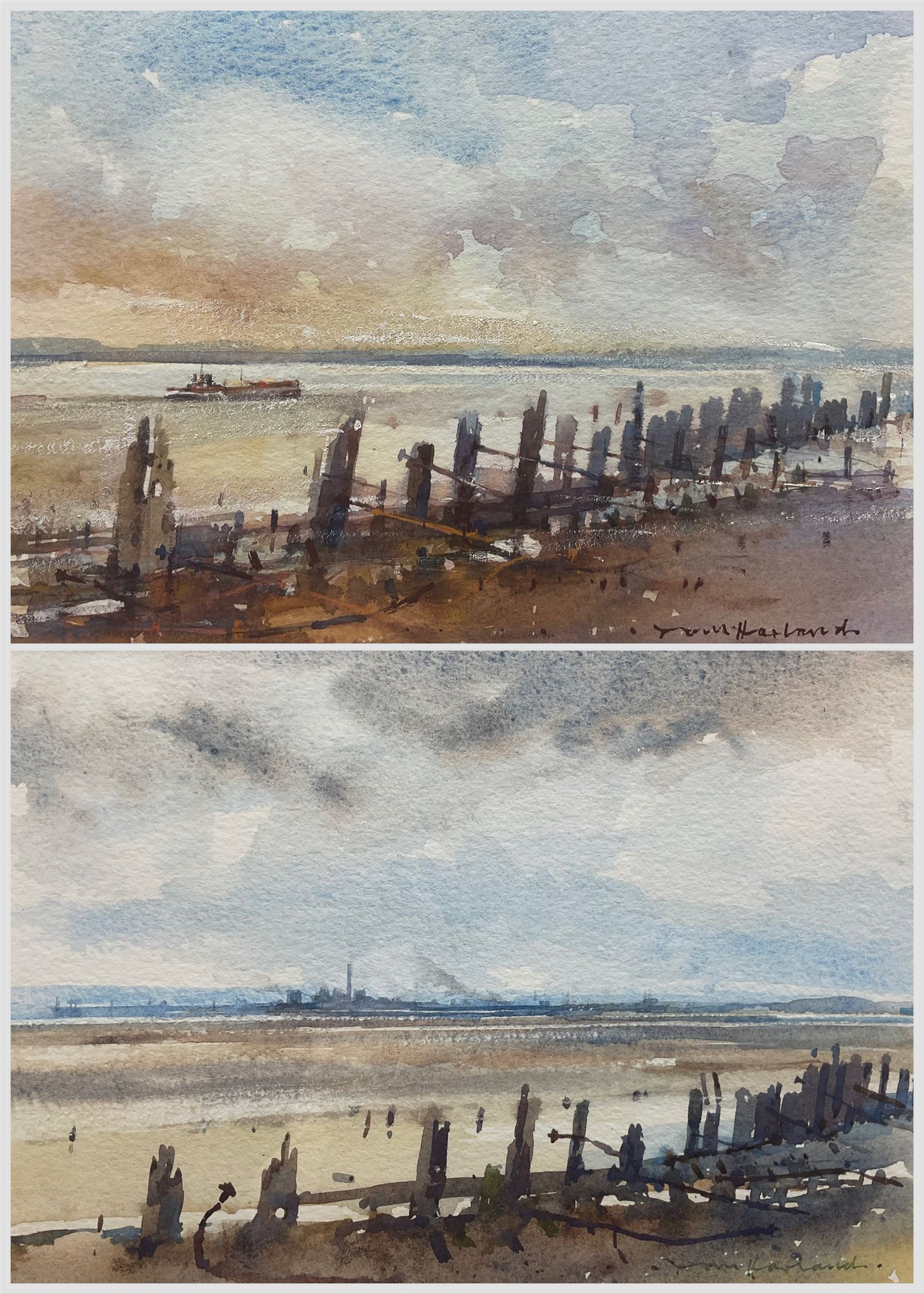 Tom Harland (Yorkshire 1945-2012): 'October Afternoon on the Humber Foreshore' and 'Up-river with the Tide', two watercolours signed, titled on mount 17cm x 24cm (2)