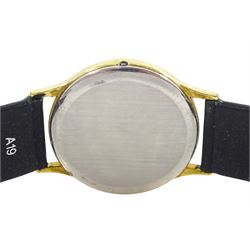 Omega De Ville gentleman's gold-plated and stainless steel quartz wristwatch, Ref. 1365, champagne dial with baton hour markers, on black leather strap, with Omega buckle