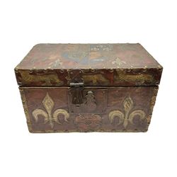 20th century box, decorated in faux leather with the royal coat of arms and GR 1719 to hinged cover, with fleur-de-lis, lion, crown and rose motifs throughout and studs to all edges, opening to reveal a purple velvet interior containing three removable wooden trays, H18.5cm