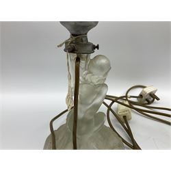 Art Deco 1930's frosted glass lamp in the form of a kneeling lady with globular glass shade, H40cm
