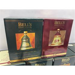 Dimple 15 Year Old Blended Scotch Whisky, together with nine Bells, scotch whisky, in Wade ceramic decanters, including Christmas 1991, 1998, 1996 etc, of various contents and proof 