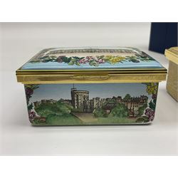 Two Halcyon Days enamel boxes, both of rectangular form, the first depicting Buckingham Palace, 'To Celebrate the Golden Jubilee of Her Majesty Queen Elizabeth', the second depicting the marriage of The Queen and Prince Philip, in celebration of their Diamond Wedding Anniversary, H4cm, W8.5cm, both boxed