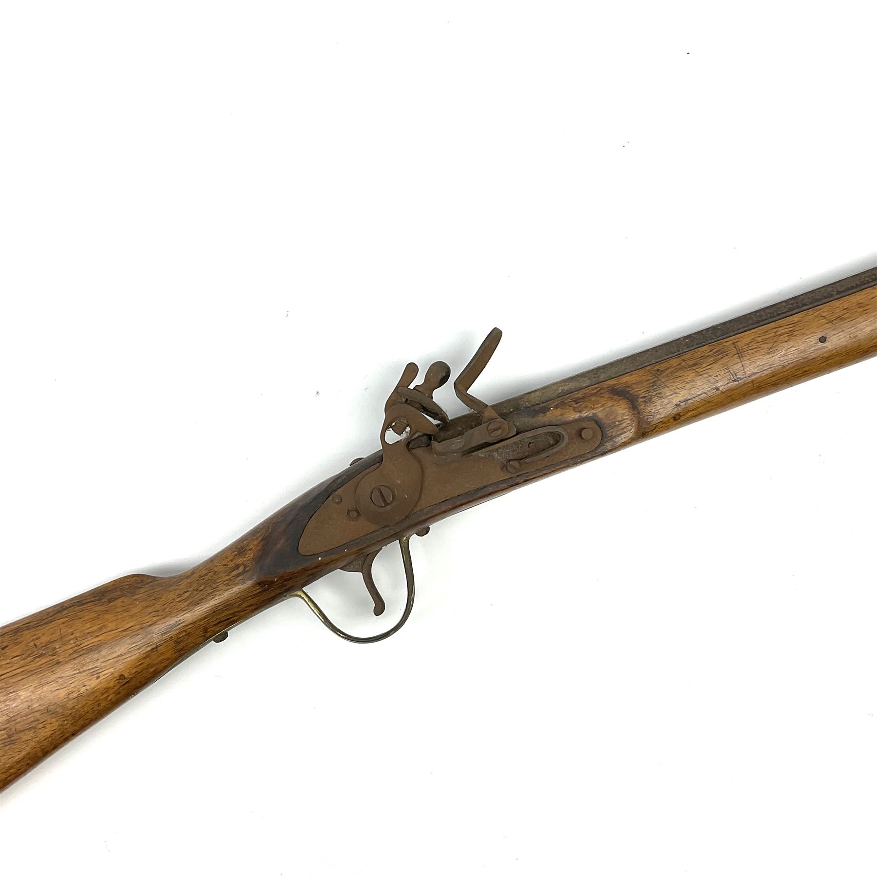 19th century flintlock musket for restoration or display, the mahogany full stock with brass mounts and under barrel ramrod L166.5cm