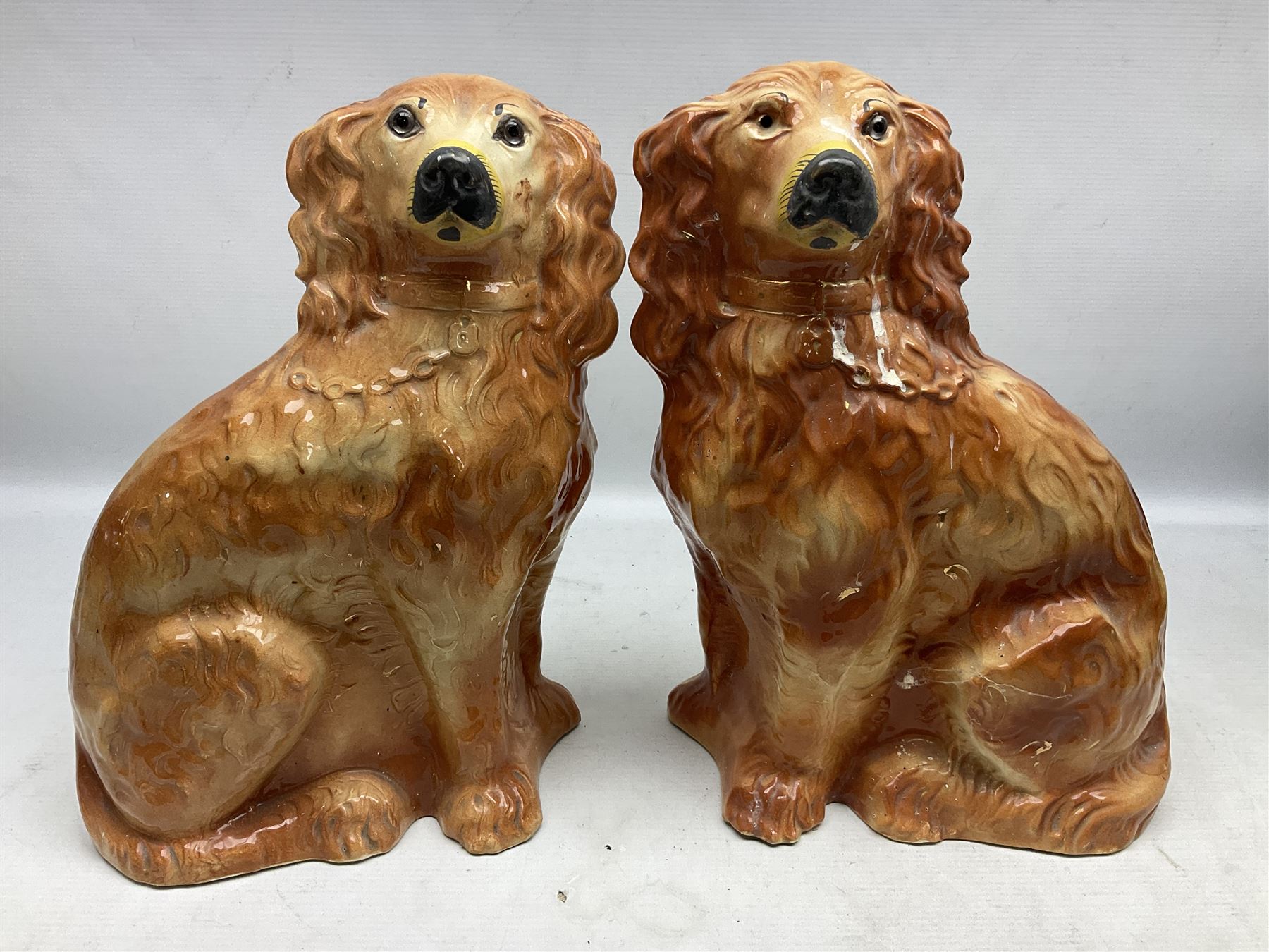 Group of Victorian and later Staffordshire style figures, to include two dogs, Prince upon horse back, horse with pink lustre patches, tall figure of a man beside his dog etc, tallest H41cm