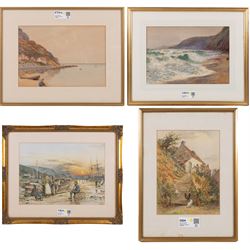 Runswick Bay and other local watercolours, and a fishermen print (4)