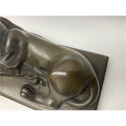 Pair of bronze figures of a lion and a lioness, each modelled in recumbent pose upon a rectangular plinth