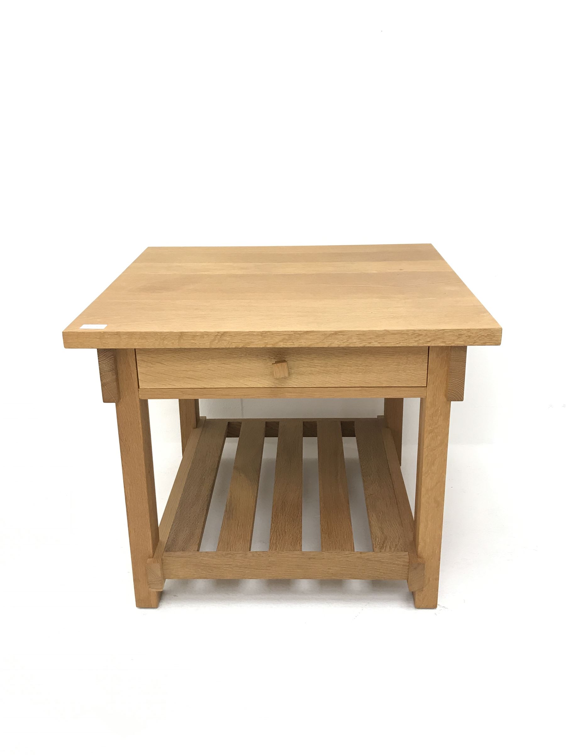Light oak square coffee table, one drawer, joined with undertier, stile