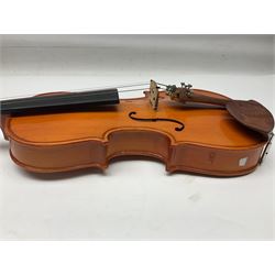 Three Stentor Student violins - three-quarter size with 33cm two-piece back; and two quarter size each with 28cm two-piece back; each in carrying case with bow (3)