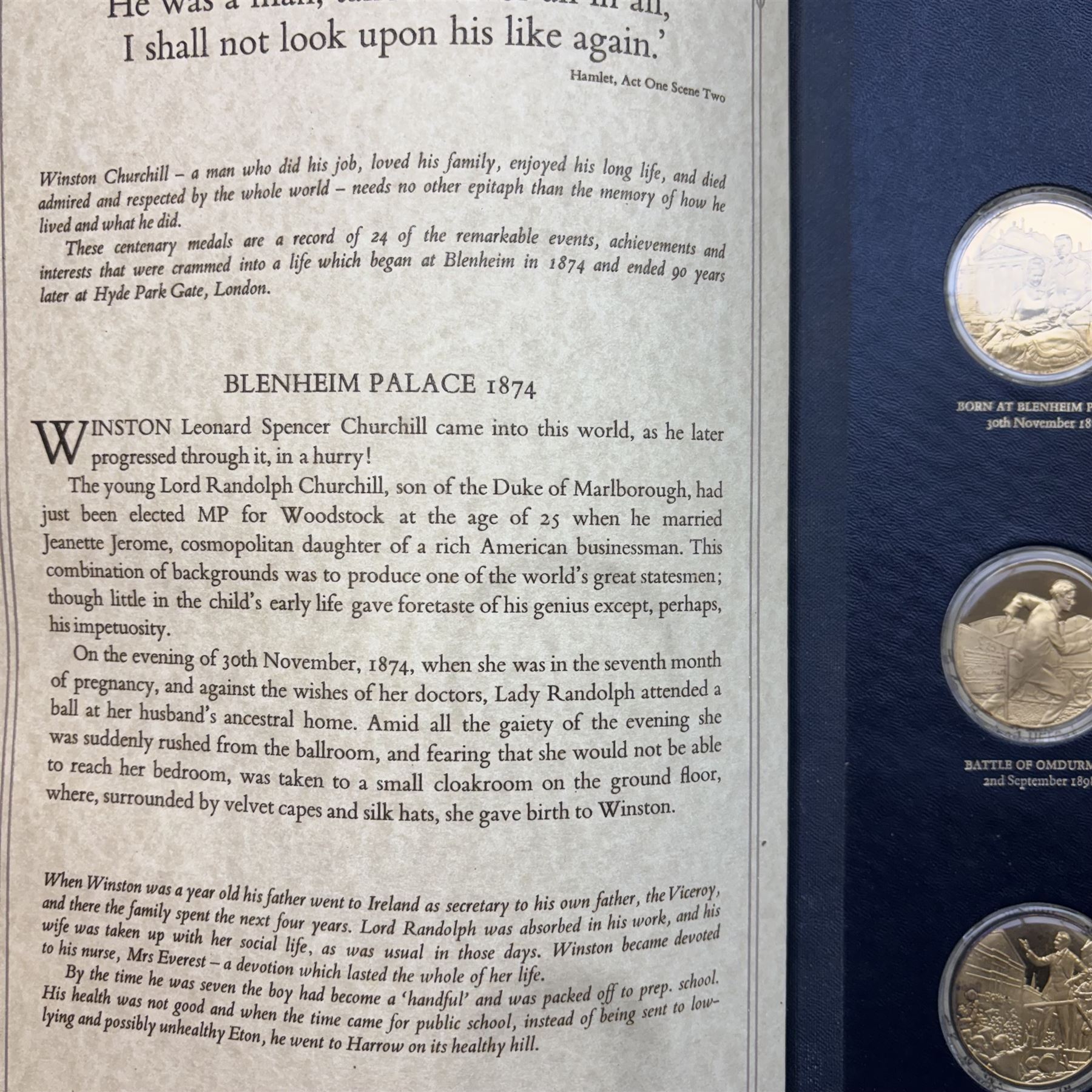 The Churchill Centenary Trust Medal Collection, 1974, a complete set of 24 silver-gilt medallions struck by John Pinches, issued by the Churchill Centenary Trust to commemorate the 100th anniversary of the birth of Winston Churchill; individually encapsulated with certificate of authenticity and housed in a leatherette display album