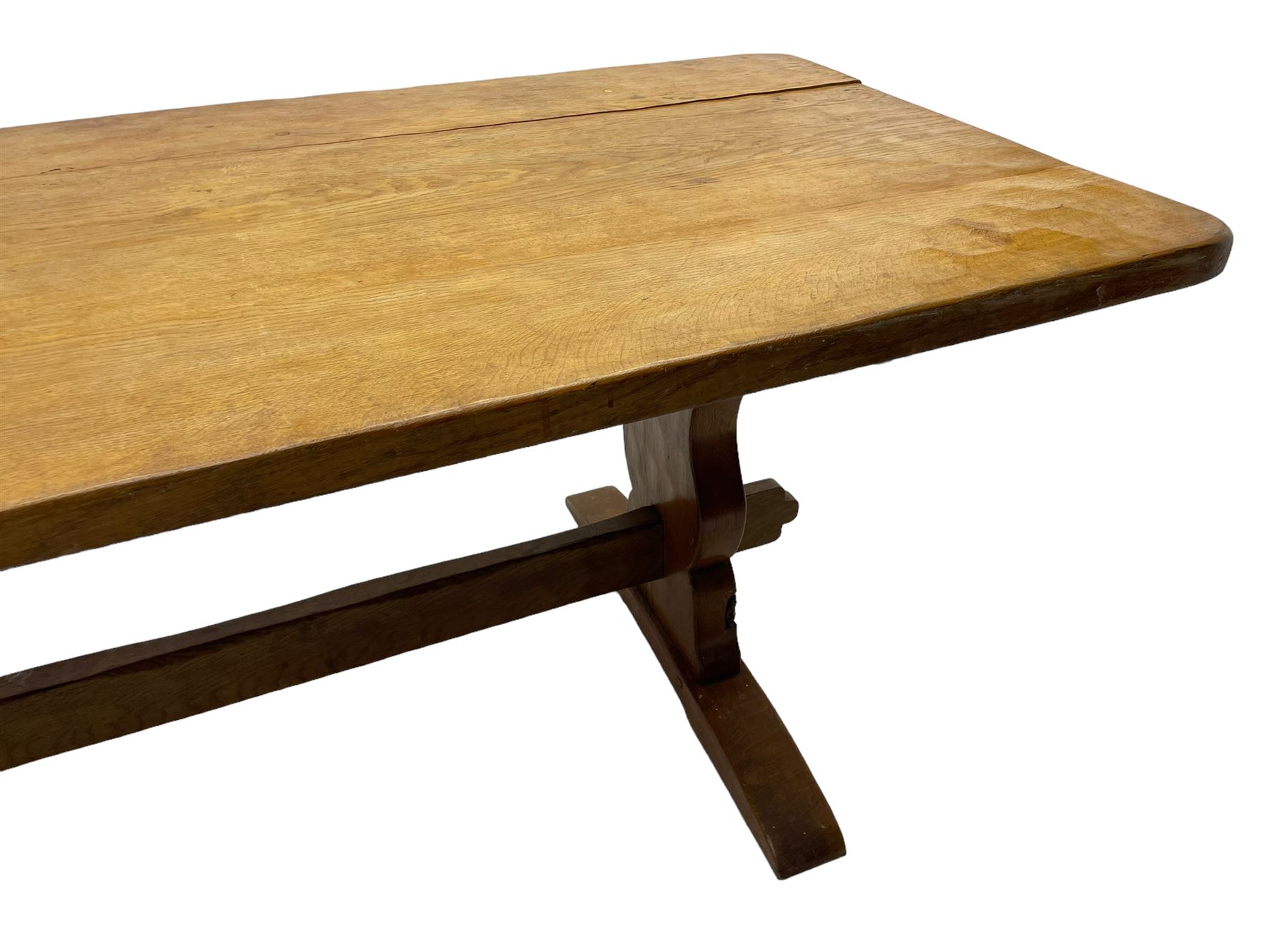 Gnomeman - large oak refectory dining table, rectangular adzed top on shaped end supports with sledge feet, united by pegged stretcher, carved with gnome signature, by Thomas Whittaker, Little Beck