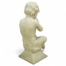 Follower of Claude Michel Clodion (French 1738-1814): The Putti-Faun Orchestra - set of four Italian carved white marble figures of child satyrs as musicians, each finely carved figure depicting a seated putto-faun with youthful features and small goat’s legs and cloven feet, variously playing rustic instruments: a syrinx (Panpipes), a flute, a tambourine and clappers - each raised on an integral waisted square plinth, Italian, circa 1900

Provenance: Kirkham Hall

Notes: Inspired by the rustic god Pan and his followers, these putti-fauns reflect the late-19th-century revival of classical themes popular with Grand Tour collectors; their instruments evoke the god Pan’s pastoral music, while the carving and  composition exemplify the appeal of bacchic subjects in the Italian neoclassical tradition