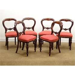  Set six Victorian style mahogany spoon balloon back dining chairs, upholstered serpentine front seat, turned tapering supports, W50cm  