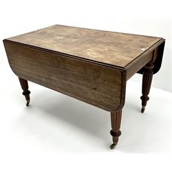 George III mahogany drop leaf table, turned tapering reeder supports