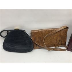 Continental petit point evening bag, with enamel and pearl details, in wooden display frame, together with a snake skin handbag and three other vintage bags