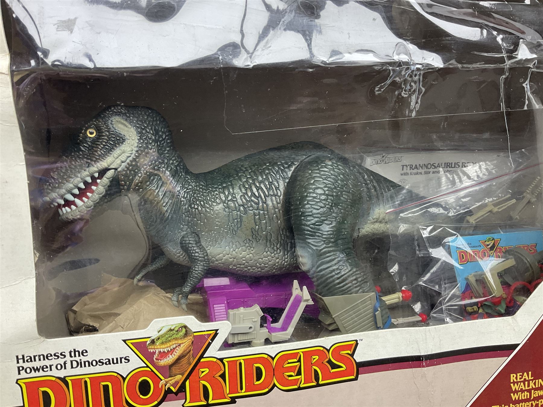 Dino-Riders, 1980s Tyco Action GT Toys, Tyrannosaurus Rex with Krulos, Bitor and Cobrus Evil Rulon Warriors; boxed