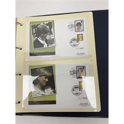Stamp and coin covers, including 2006 'Her Majesty Queen Elizabeth II 80th Birthday' containing five pounds coin, first day covers relating to Diana Princess of Wales etc, housed in a ring binder folder