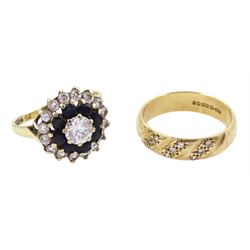 Gold diamond set wedding band, cubic zirconia cluster ring and a sapphire and pearl brooch, all hallmarked 9ct