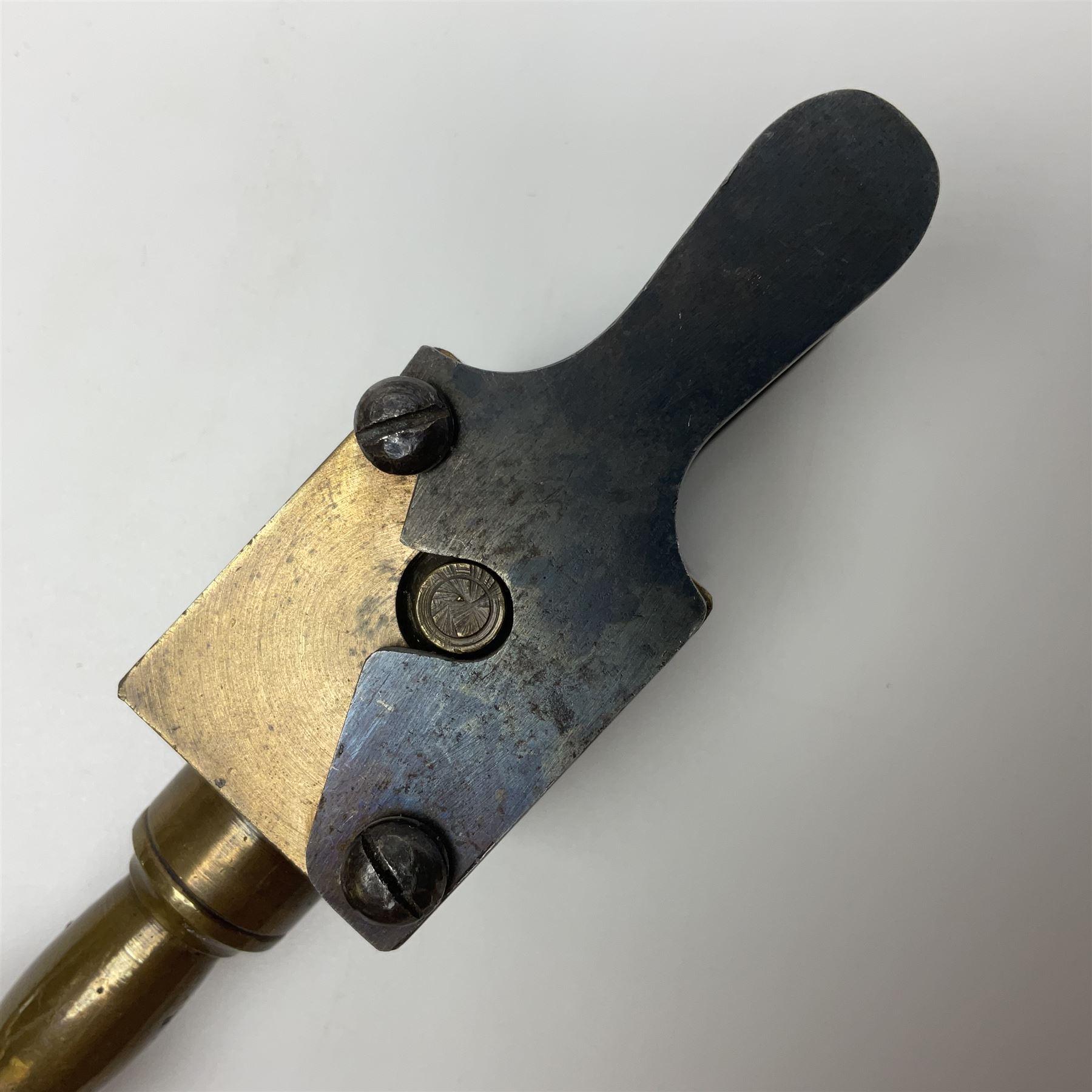 Late 19th/early 20th century brass 360 Express bullet mould for rifles, probably 360 x 2.25, with ebonised turned wooden handle L28cm