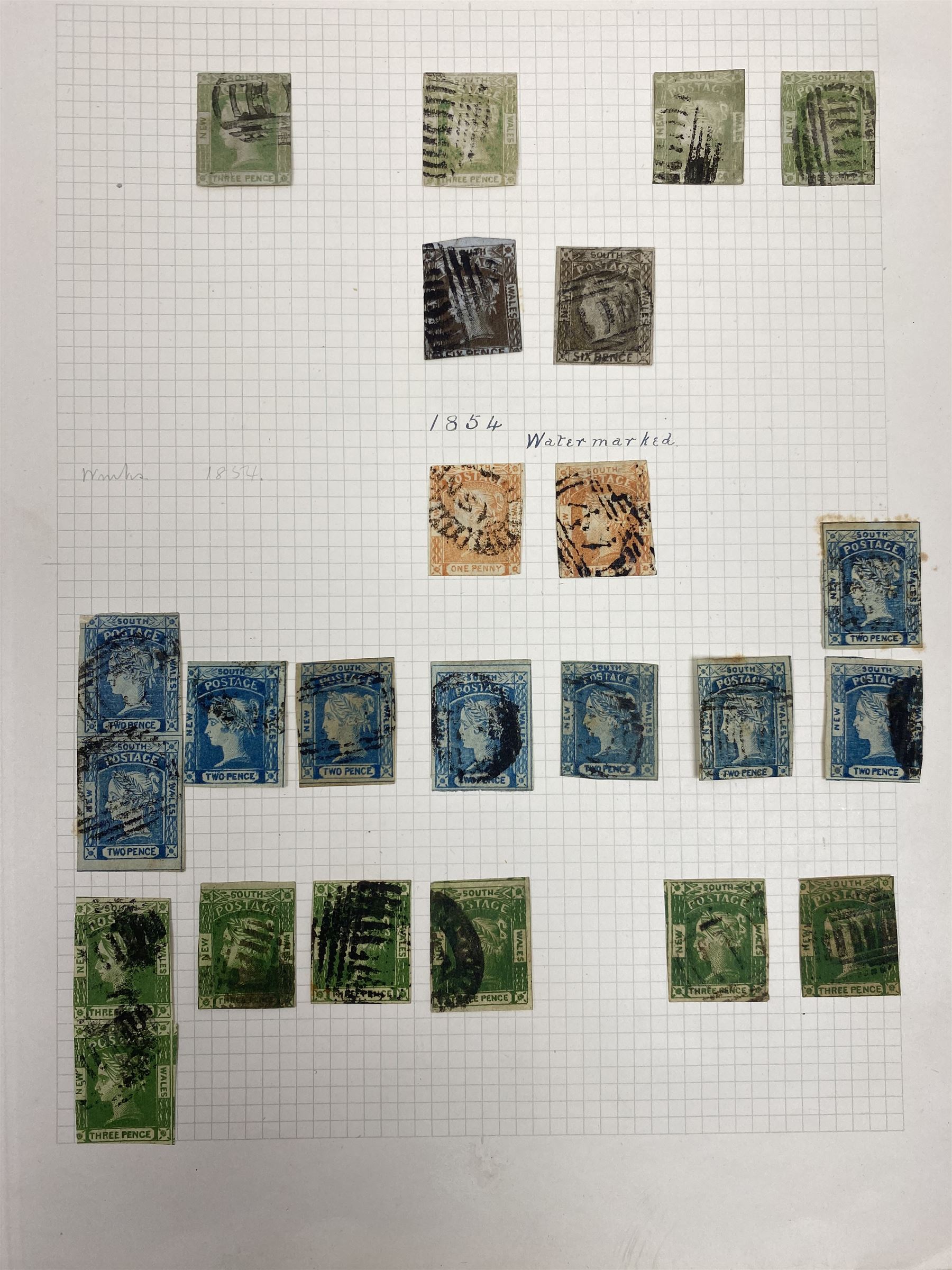 Australia New South Wales stamps, including 1850-4 various imperf issues, 1854-6 including five pence, six pence, one shilling etc, 1856-60 registered letter stamps, 1861-88 five shillings etc, housed on pages