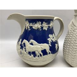 Victorian feldspathic stoneware jug with hunting scene, together with a Victorian Majolica corn jug and another jug 