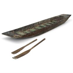 Large early 20th century plank-built wooden river punt, the long tapering hull with enclos...