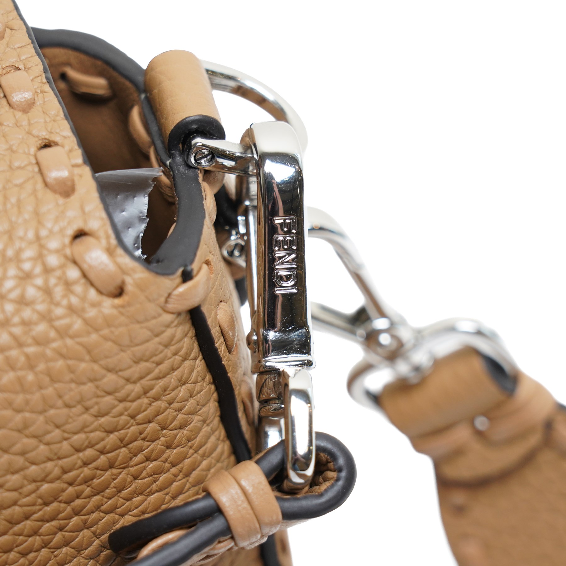 Fendi - Selleria Baguette shoulder bag, tan grained leather with hand-stitched detailing, palladium-tone FF buckle fastening, detachable leather top handle and shoulder strap, with authenticity card, dust bag and box