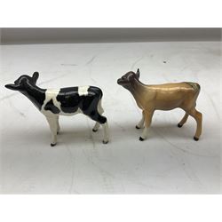 Seven Beswick cow figures, to include Friesian bull Ch. ''Coddington Hilt Bar'' no. 1439a, Friesian cow Ch. 'Claybury Leegwater' no. 1362a and Friesian calf no. 1249C, Aberdeen Angus calf 1827a, Jersey cow no. 1345 etc, all with printed mark beneath  