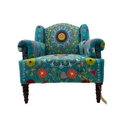 Myakka Victorian style club armchair, upholstered in crazy daisy turquoise fabric 