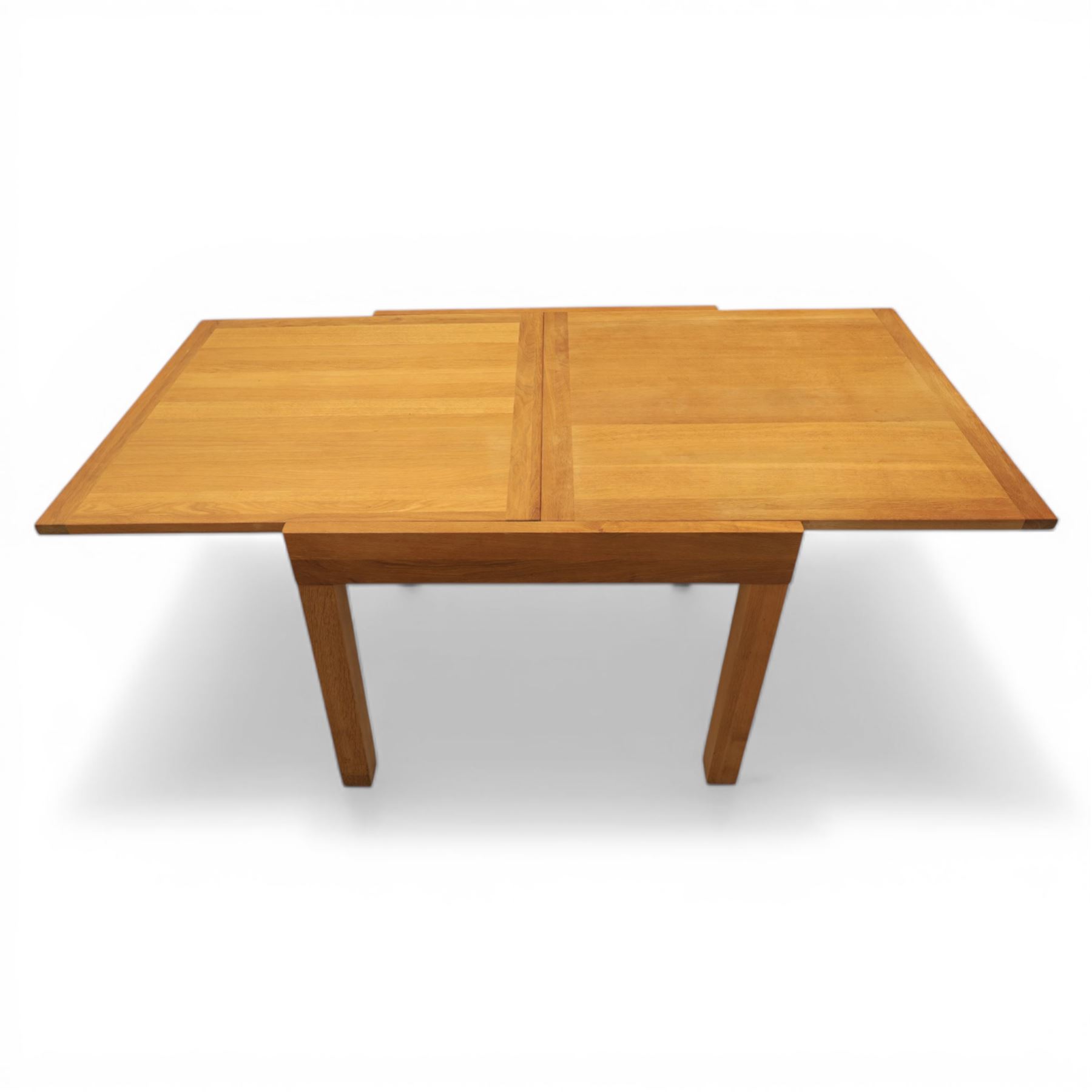 Contemporary square light oak extending dining table, and set of four chairs, table extends to 180cm