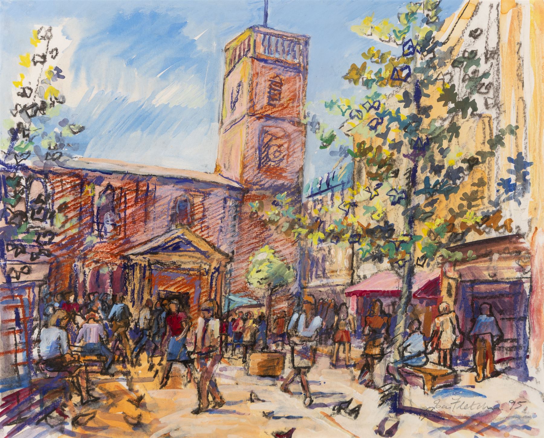 Mary Goudie Simpson (British 1869-1934): 'Vegetable Stall - Bruges', gouache signed, titled verso; Jean Fletcher (British 20th Century): 'St Anne's Square', mixed media signed and dated '95; together with two still lifes, oils on board signed K T and L I Warburton one dated 1906 max 45cm x 45cm (4)