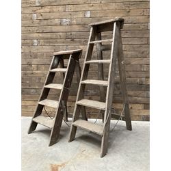 Two antique wooden step ladders, H100cm 