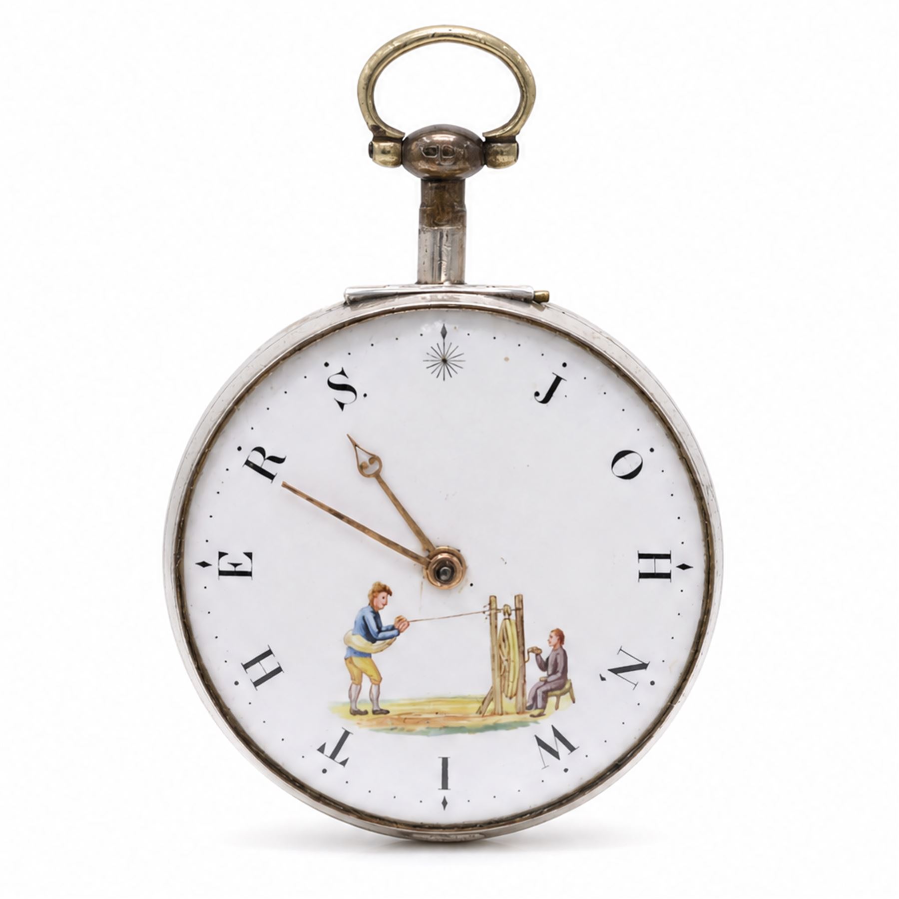 George III silver pair cased verge fusee pocket watch by W.C. Tooke, Lynn, No. 23960, pierced and engraved balance cock decorated with a mask, enamel polychrome dial depicting rope makers and personalised 'John Withers' hour markers, case by William Linsley, London 1814