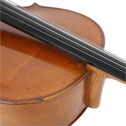 19th century cello, with two piece back, ebonised finger board and pegs, contained within Hiscox Lifelite case, cello back length 76cm