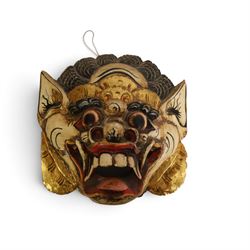 Wooden Balinese Barong mask, together with Sugiura Yukio Japanese tray, Daruma doll and one other 